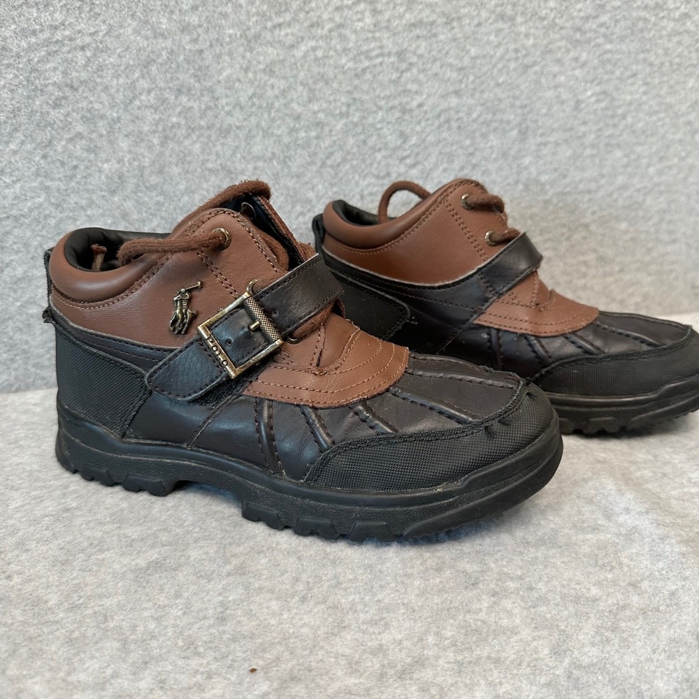 Polo Ralph Lauren Dover Kids Leather Duck Boots Brown Black Size 3 RF102157